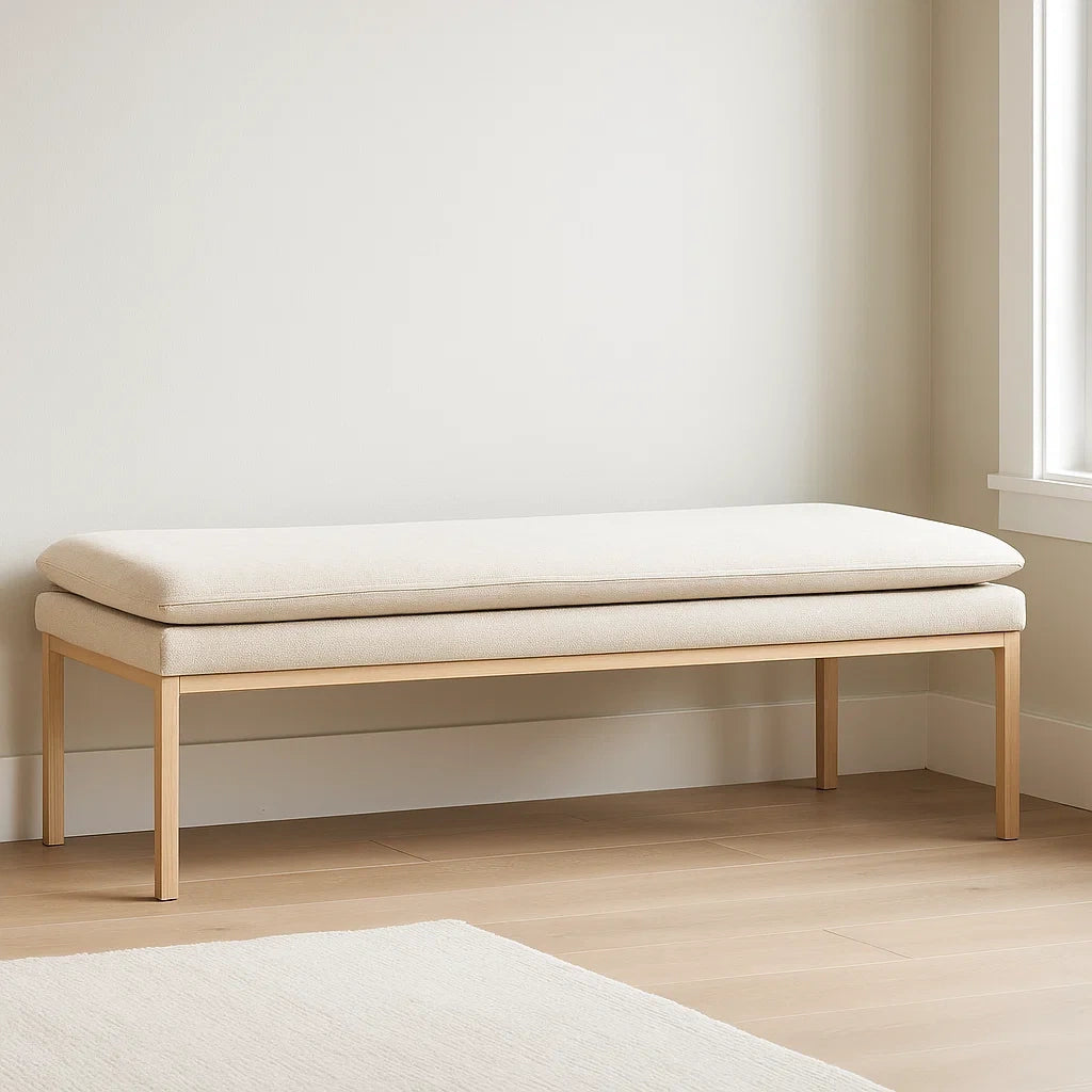 Banquettes rectangulaires en bois avec revêtement en polyester beige 120x40x45 cm