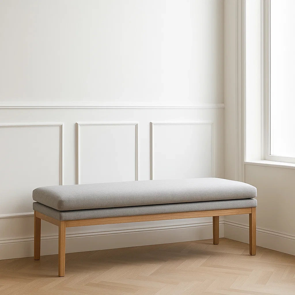 Banquettes en bois avec assise rembourrée en tissu gris 140x40x45 cm