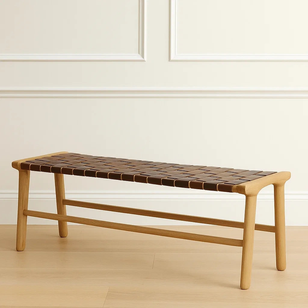 Banquettes rectangulaires en bois de chêne avec assise en cuir PU marron 120x35x45 cm