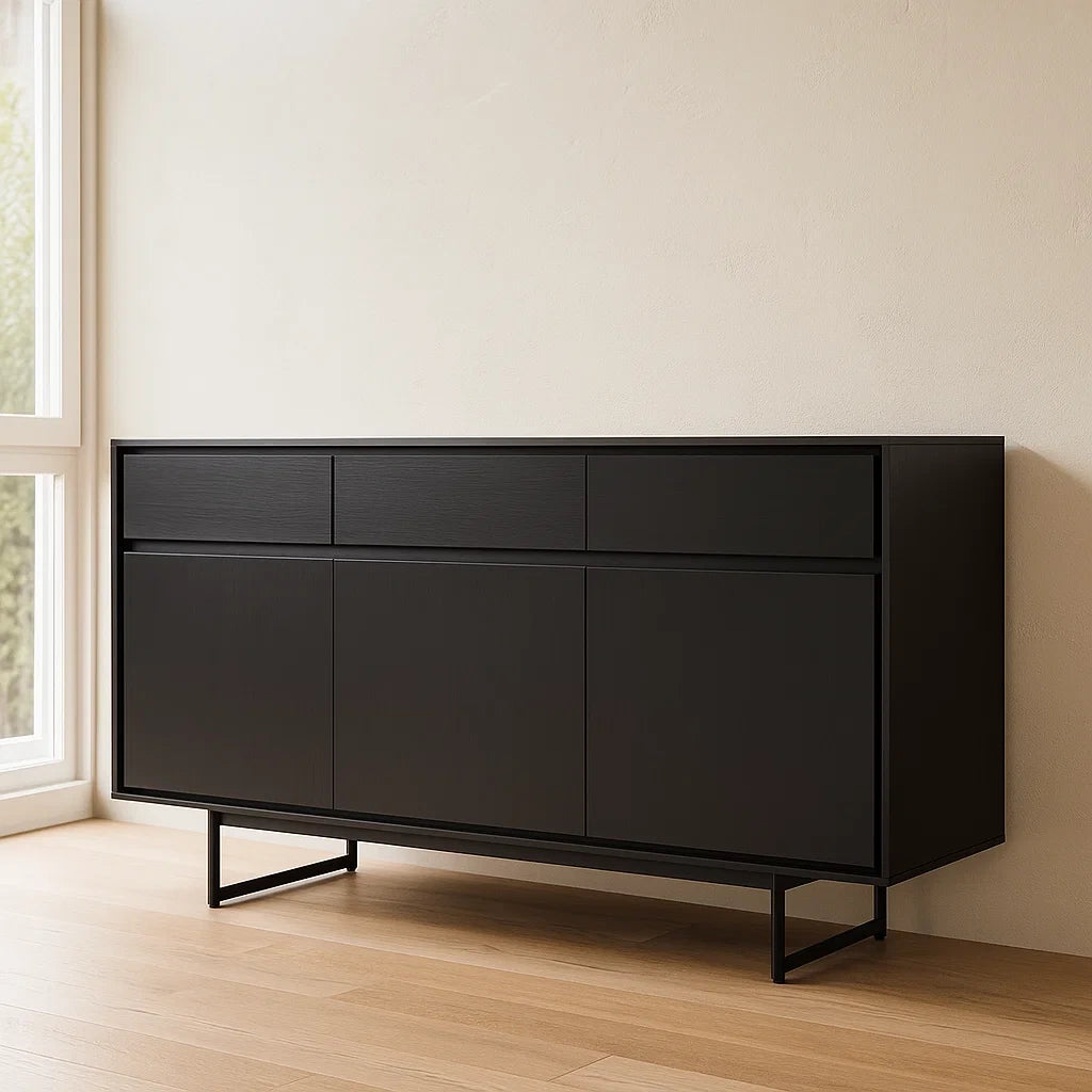 Buffets en Bois MDF Noir avec 3 Portes 3 Tiroirs 160x40x80 cm