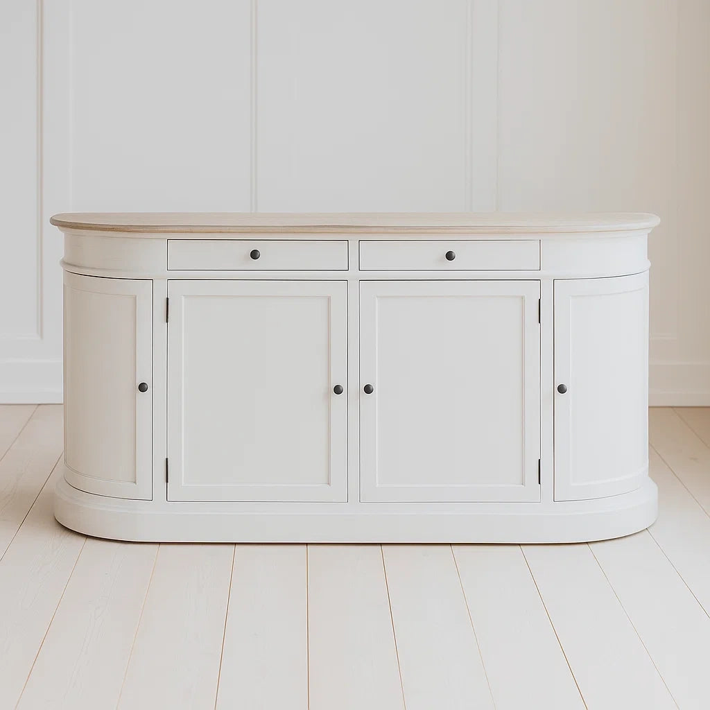 Buffets en bois composite courbé blanc avec dessus chêne