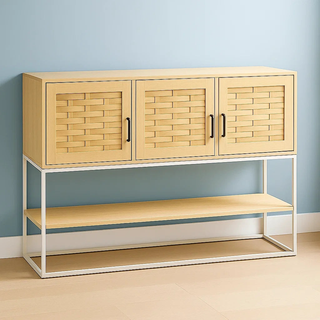 Buffet rectangulaire en bois de pin avec cadre en métal blanc 3 portes