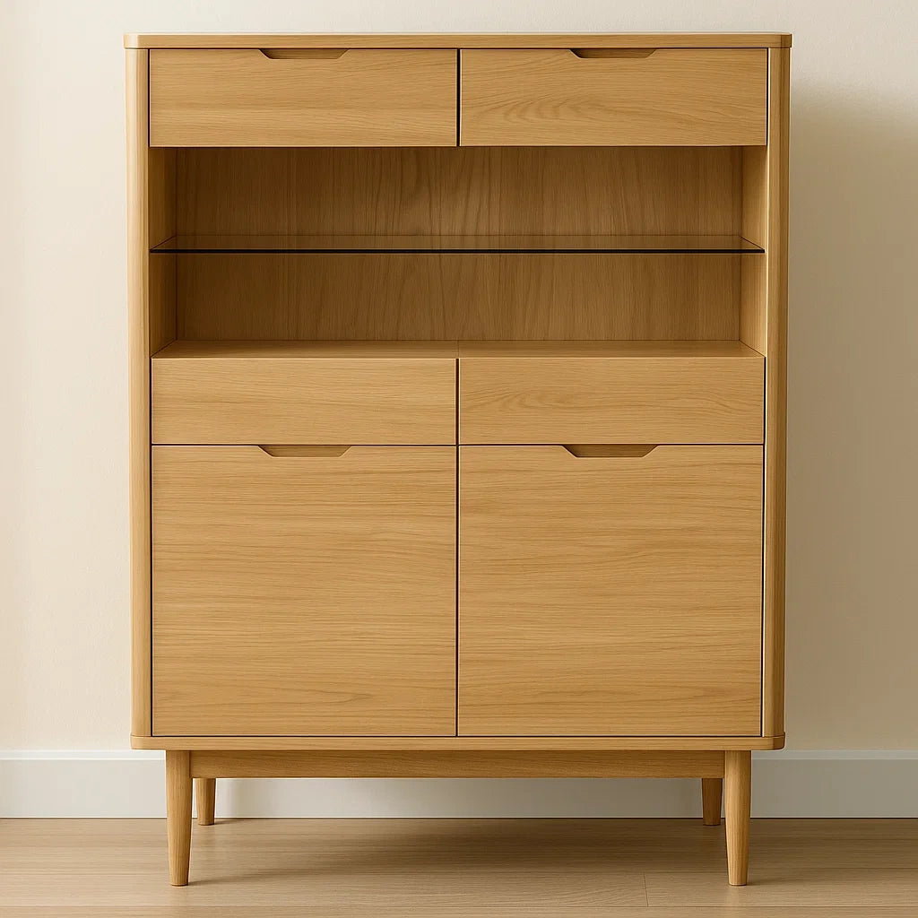 Buffets en bois massif avec étagères en verre et tiroirs chêne clair 80x40x120 cm