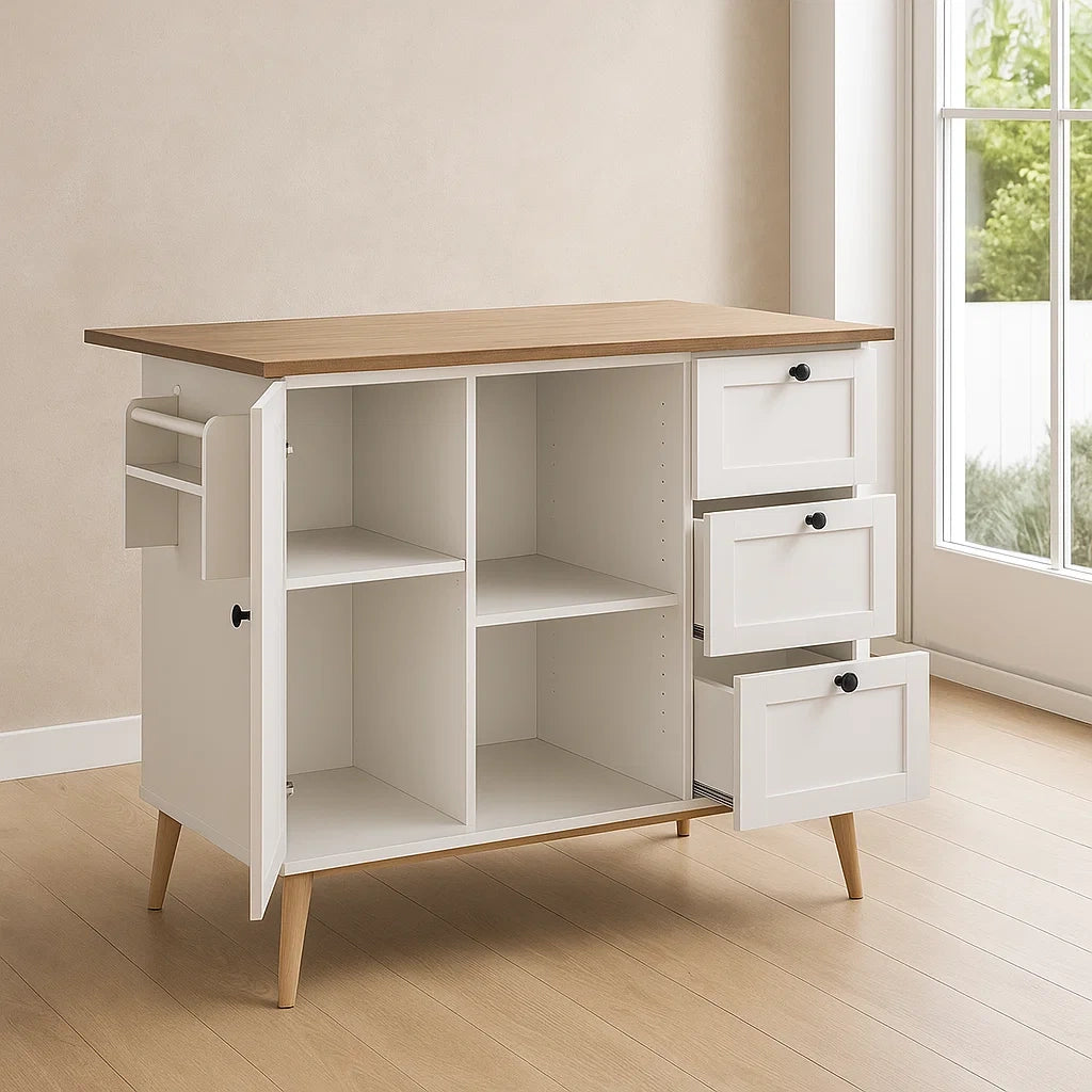 Îlot de cuisine en bois blanc avec 3 tiroirs et 1 porte